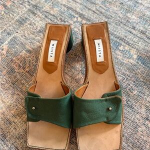 Miista Green Leather Open-Toe Slide Mules with Stud Detail